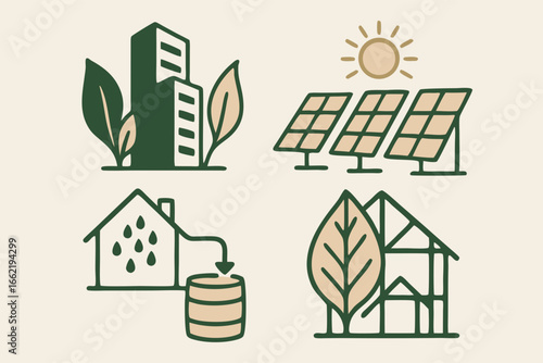 Sustainable Living Icons: Green Energy, Water Conservation, Eco-Friendly Housing