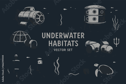 Underwater Habitats Vector Set: Submarines, Bases, & Sea Life