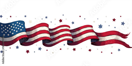 Vector design with decorative drawing of long ribbon from national flag of usa is fluttering in wind. 
Fashion t-shirt print. American pattern  
on transparent background for fabric, clothing.