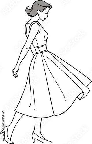 Vintage fashion illustration of a woman in a modest dress