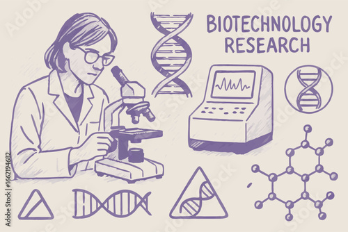 Biotechnology Research Illustration with Scientist and DNA Molecule