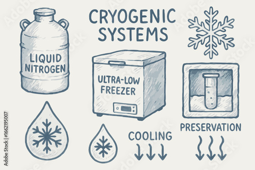 Cryogenic Systems: Liquid Nitrogen, Ultra-Low Freezer, Preservation, and Cooling with Snowflake and Test Tube illustration