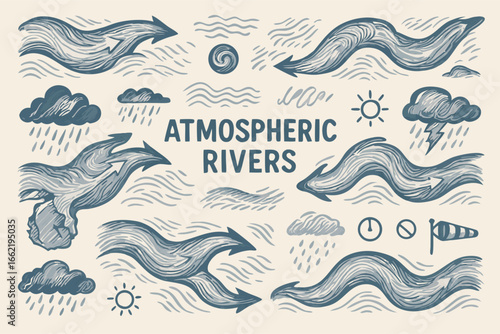 Atmospheric Rivers Weather Pattern Illustration with Clouds, Sun, and Arrows