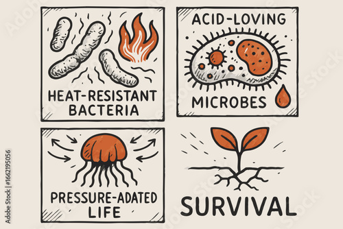 Extremophiles Illustration Set: Microscopic Life in Extreme Conditions