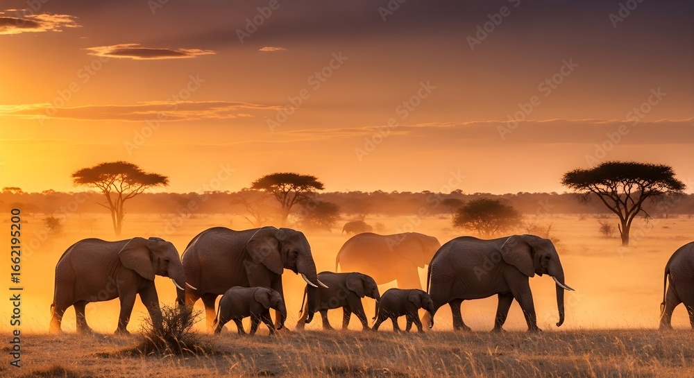 Fototapeta premium African Elephant Family at Sunset in the Savannah.