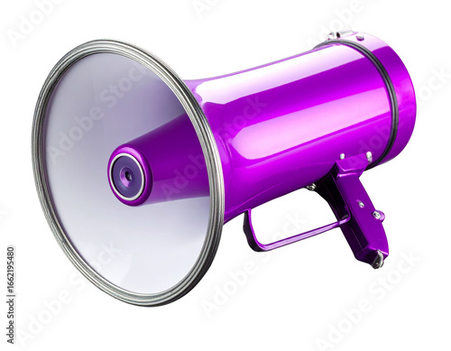 Angled View of Shiny Violet Megaphone with Metal Details and Neon Glow, Dark Mirror Floor, Isolated PNG