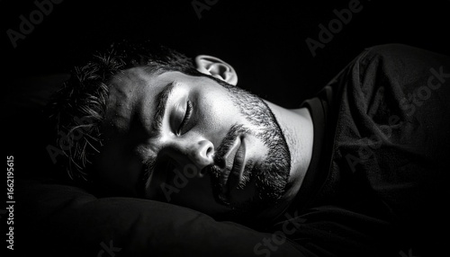 Black and white image of a sleeping man peacefully resting on a dark background