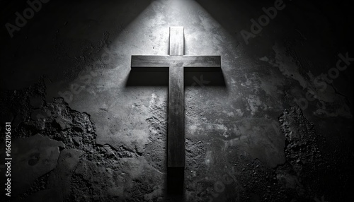 Dramatic depiction of a cross illuminated on a textured wall in a dark setting