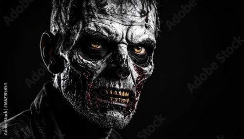Creepy zombie portrait with menacing look and scary appearance against a black background