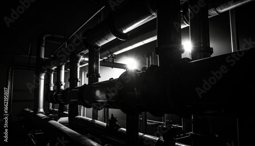 Industrial Pipe System in Black and White, Illustrating Energy and Infrastructure