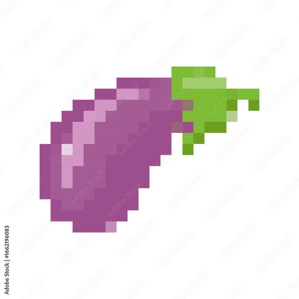 Fototapeta premium Colorful 8 bit pixel art eggplant icon with vibrant colors and a retro gaming look.