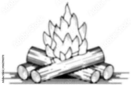 Black and white drawing of a campfire with logs in halftone style. Vector illustration