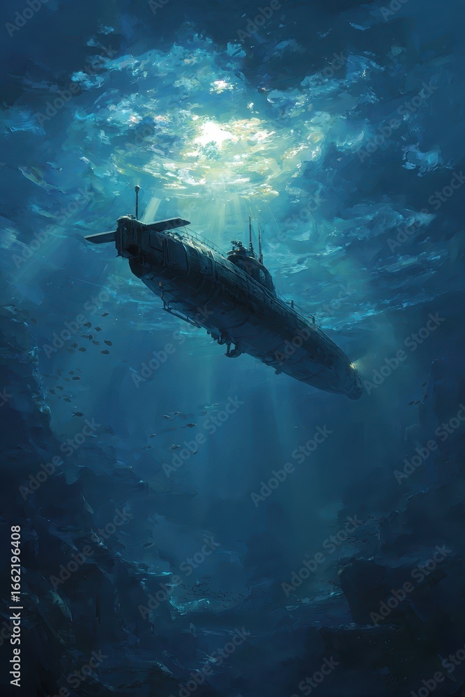 Fototapeta premium Submarine Ascending Through Deep Blue Ocean Waters with Sunlit Surface