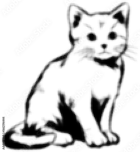 Halftone black and white kitten sitting with curious expression. Vector illustration