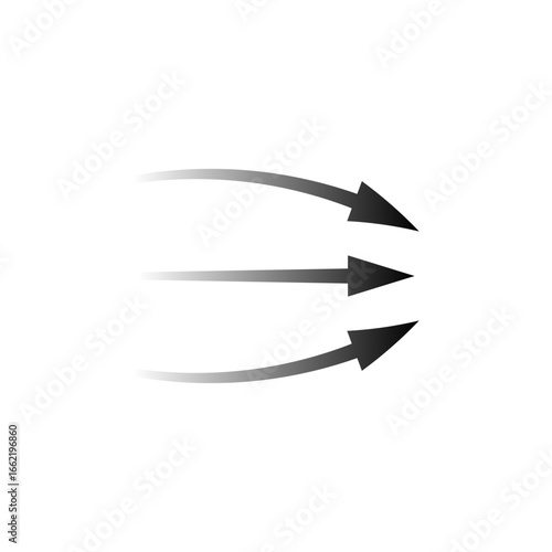 Three black arrows symbolize air flow and direction. they gradually fade, showing dynamic motion.