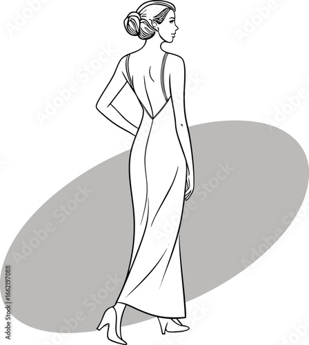 Vintage fashion illustration of a woman in a modest dress