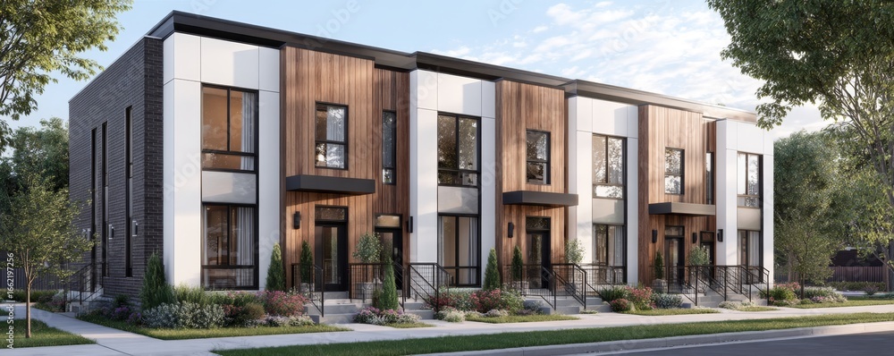 Naklejka premium Elegant exterior of private townhouses in a modern setting.