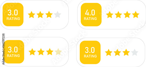 rating,review,stars A digital vector illustration of four yellow star rating labels showing three star and four star scores minimal flat style isolated template concept for feedback evaluation quality