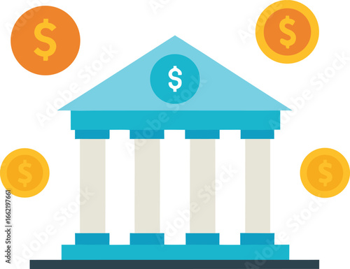 Bank Building with Coins and Currency Symbols