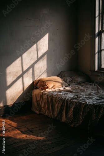 Sunlit Bed in Rustic Room with Wooden Floor and Window Shadows