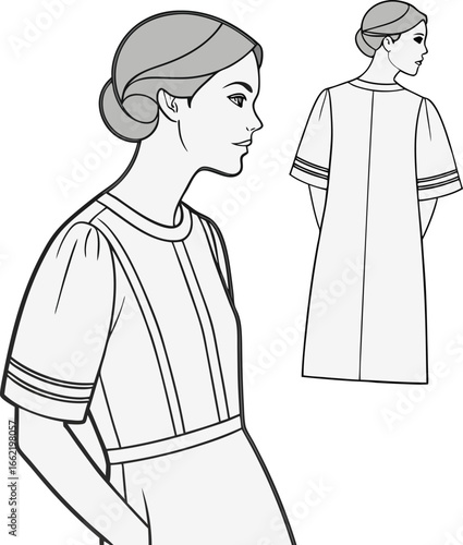 Vintage fashion illustration of a woman in a modest dress
