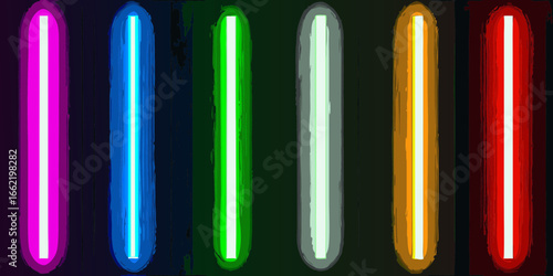 Vertical neon light tubes in various colors on dark