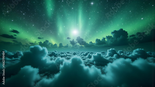 Polarlichter über Wolkenmeer im nächtlichen Sternenhimmel – Cooles Wallpaper – Fantastisches Hintergrundbild