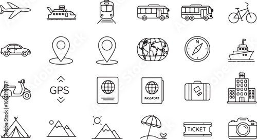 Black And White Travel And Transportation Icon Set Illustration