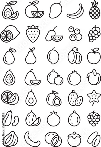 Black Outline Collection Of Tropical And Temperate Fruits Illustration.
