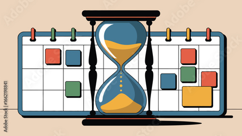 An hourglass with sand in front of a calendar with colorful squares marking dates and time management