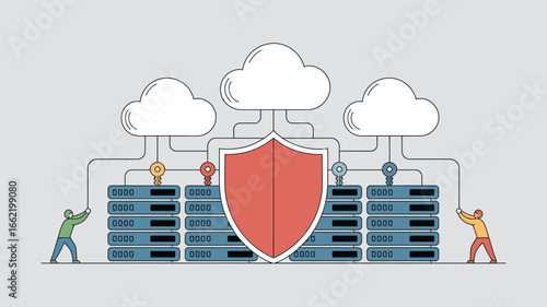 Illustration of cloud computing security with people servers shield and keys connecting to clouds