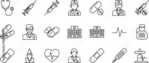Healthcare And Medical Icon Set With Doctors Hospital Pills And Equipment.