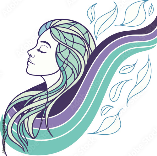 Serene woman with flowing hair and nature elements