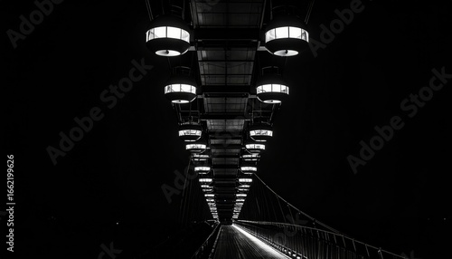 Illuminated bridge with lights and shadows at night in black and white