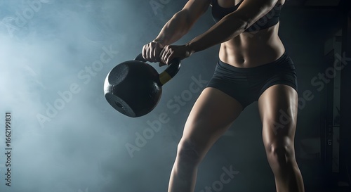 Fitness training with kettlebell swing under dramatic gym light
