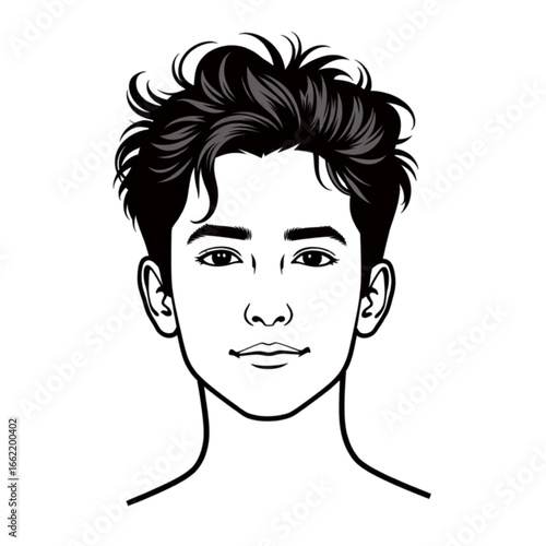 Young man with curly hair smiling in minimalist illustration style  