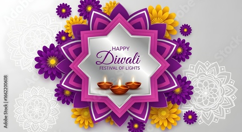 Happy diwali greeting card featuring illuminated diyas, floral motifs, and decorative patterns, symbolizing the festival of lights and good wishes
