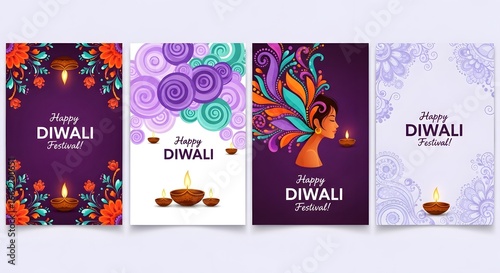 Wallpaper Mural Collection of four diwali greeting cards featuring traditional lamps, floral designs, and artistic illustrations in vibrant colors, celebrating the festival of lights Torontodigital.ca