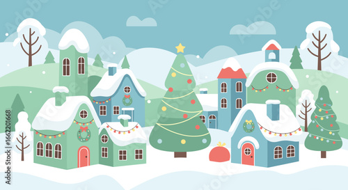 Christmas village display with decorated houses and a festive tree