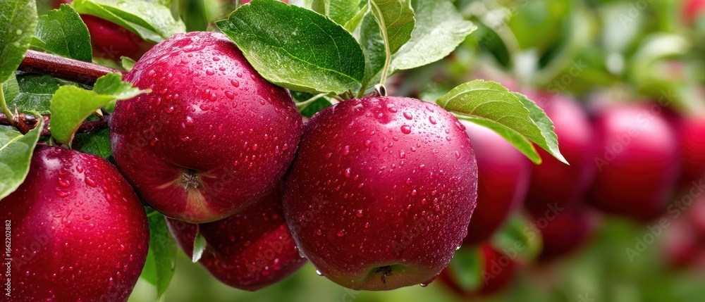 Obraz premium Fresh red apples with water droplets hanging from a tree branch in a lush orchard