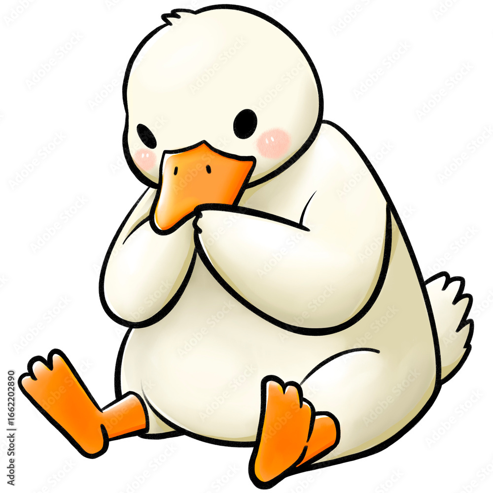 Fototapeta premium Shy duck sitting – cute animal character on white