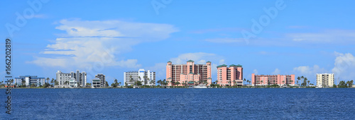 Fort Myers Beach skyline, located on Estero Island, a barrier island on the southwest Florida coast, offering beach resorts, restaurants, fishing piers and beautiful sunsets over the gulf. 