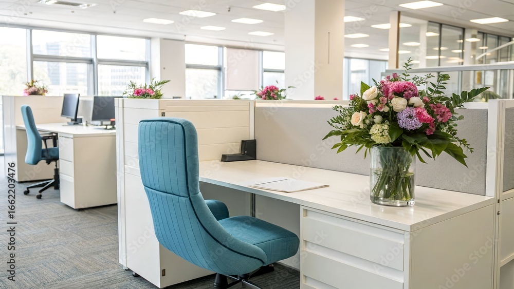 Fototapeta premium Bright Modern Office Space with Floral Arrangement and Cubicles