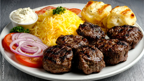 Authentic Iranian lamb chenjeh kebab, close-up, with saffron rice, roasted potatoes, red onions, and a yogurt dip.