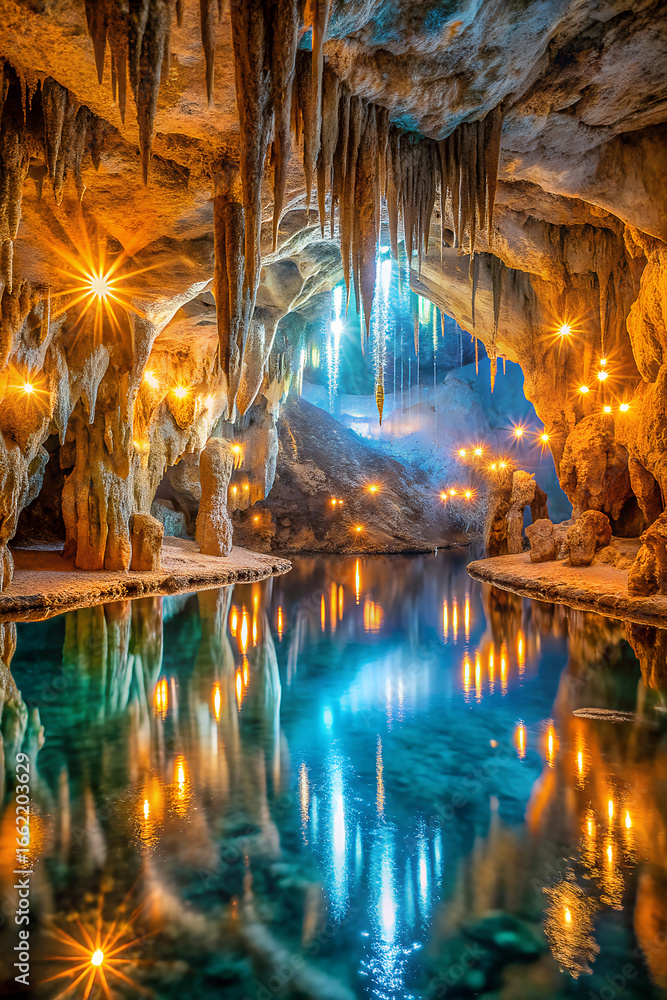 Obraz premium Magical underground cave illuminated with colorful lights reflecting in a crystal clear pool of water creating a surreal and enchanting natural wonder