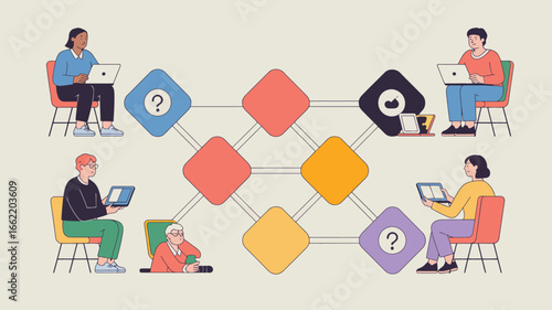 People sitting with laptops connected by colorful diamond shapes in a network illustration style design