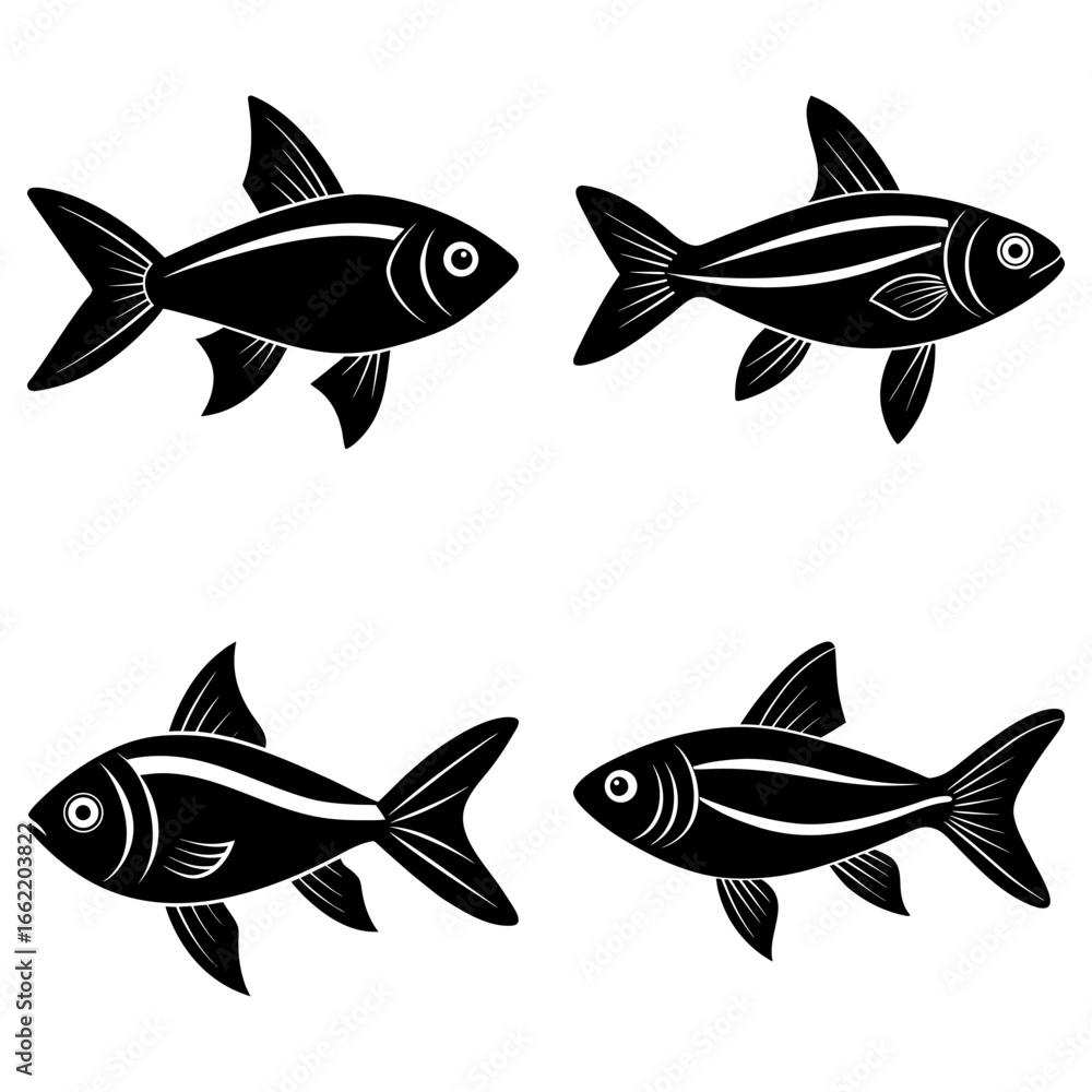 Fototapeta premium Illustration of four black fish with white stripes swimming in different directions on white background