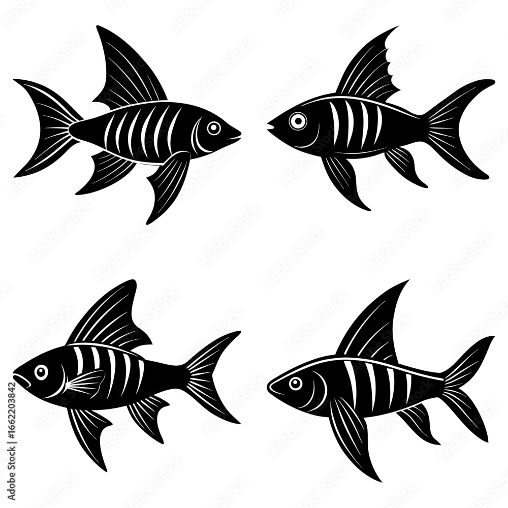 Naklejka premium Illustration of four stylized black fish with prominent fins and skeletal stripe details on a white background