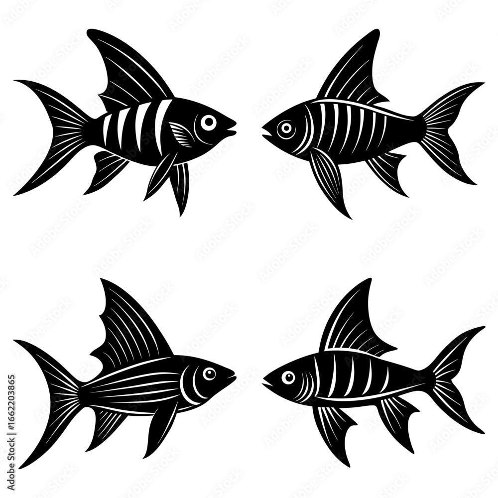 Fototapeta premium Four stylized black and white fish with prominent fins arranged in a symmetrical composition facing each other