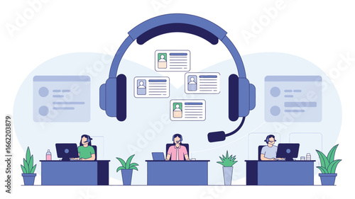 Illustration of customer service representatives wearing headsets in a call center environment setting